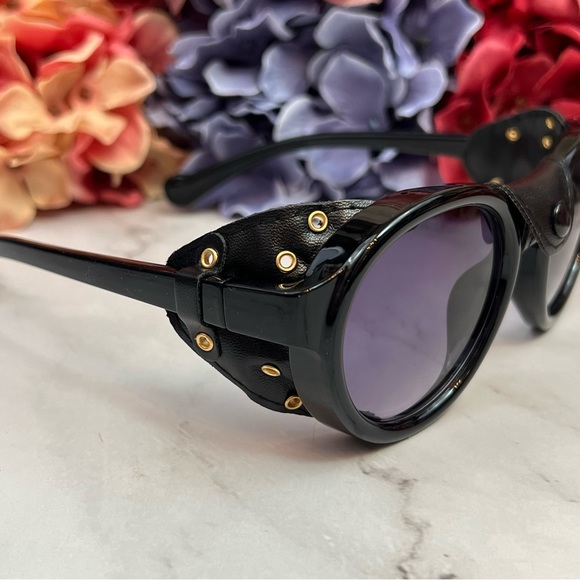 Steampunk Round Gray Gradient Black Leather Shield Polarized Sunglasses - Picture 10 of 16